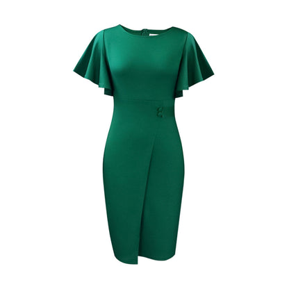 Elegant High-Waisted Ruffle Sleeve Office Dress