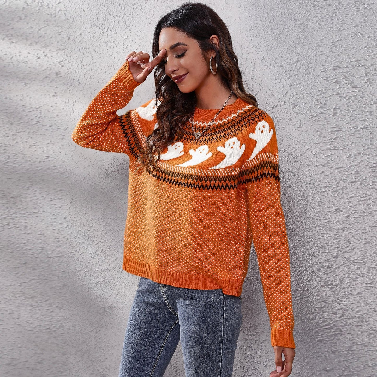 Halloween Ghost Vintage Polka Dot Long Sleeve Knitted Sweater Women'S Loose Wear