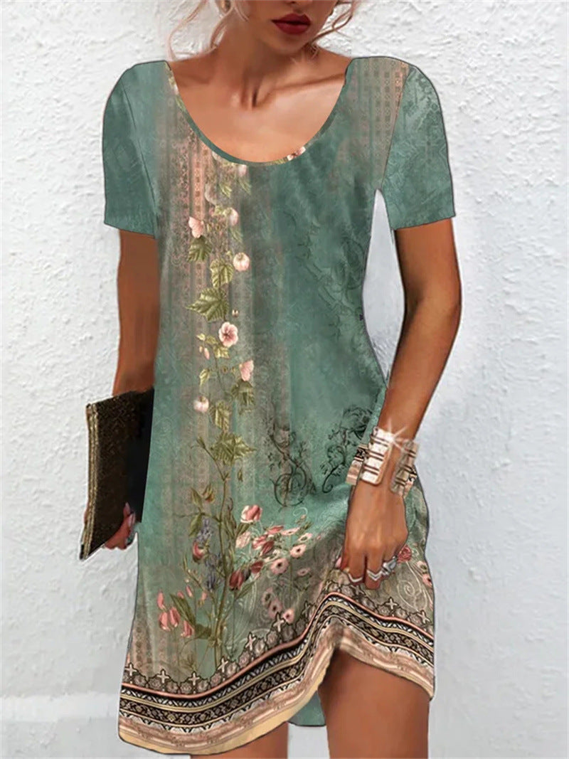Hot Women'S Clothing Summer New Loose Round Neck Ethnic Style Printed Pullover Dress