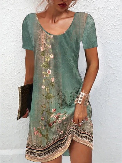 Hot Women'S Clothing Summer New Loose Round Neck Ethnic Style Printed Pullover Dress