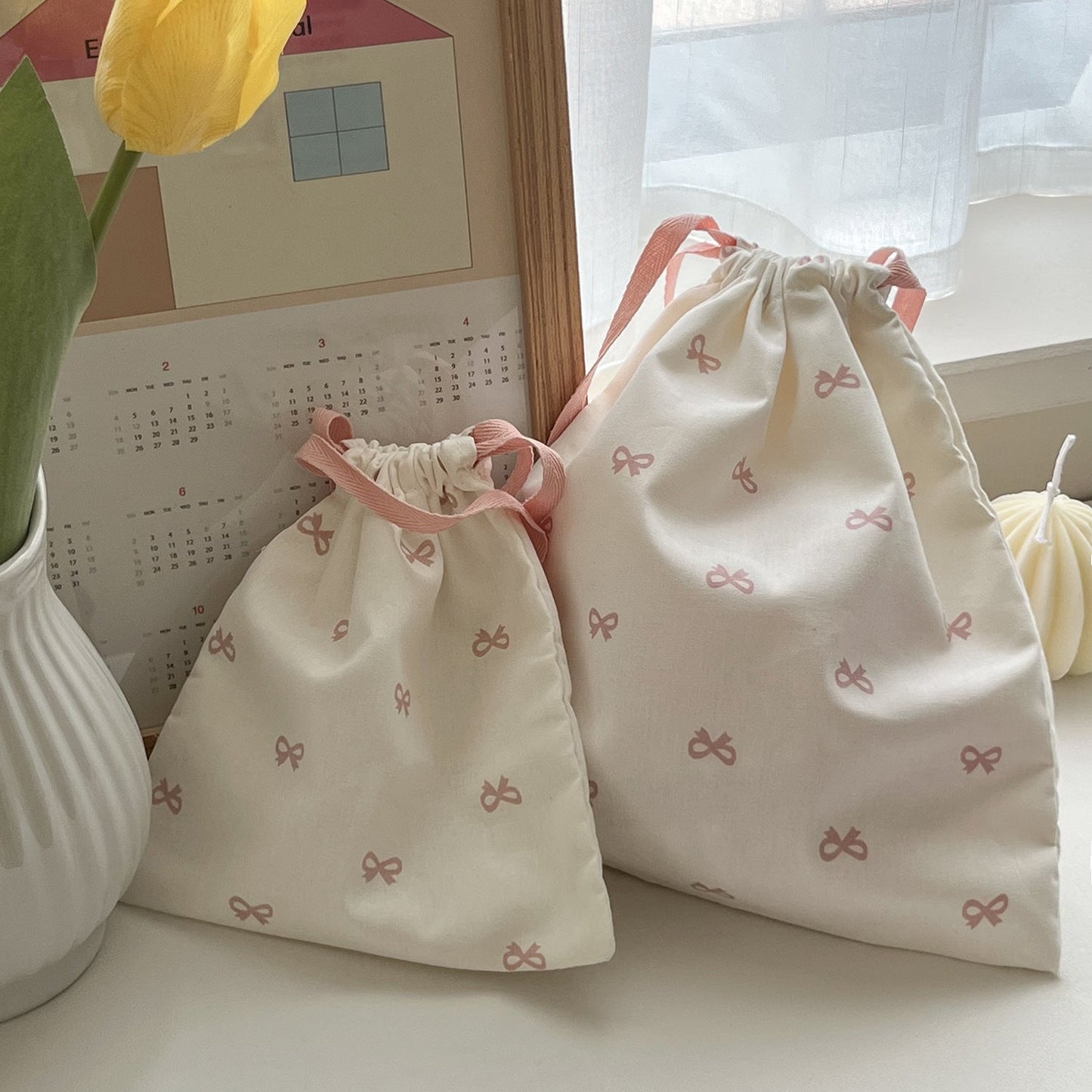 Sweet Bow Drawstring Storage Bag Cute Portable Travel Organizer
