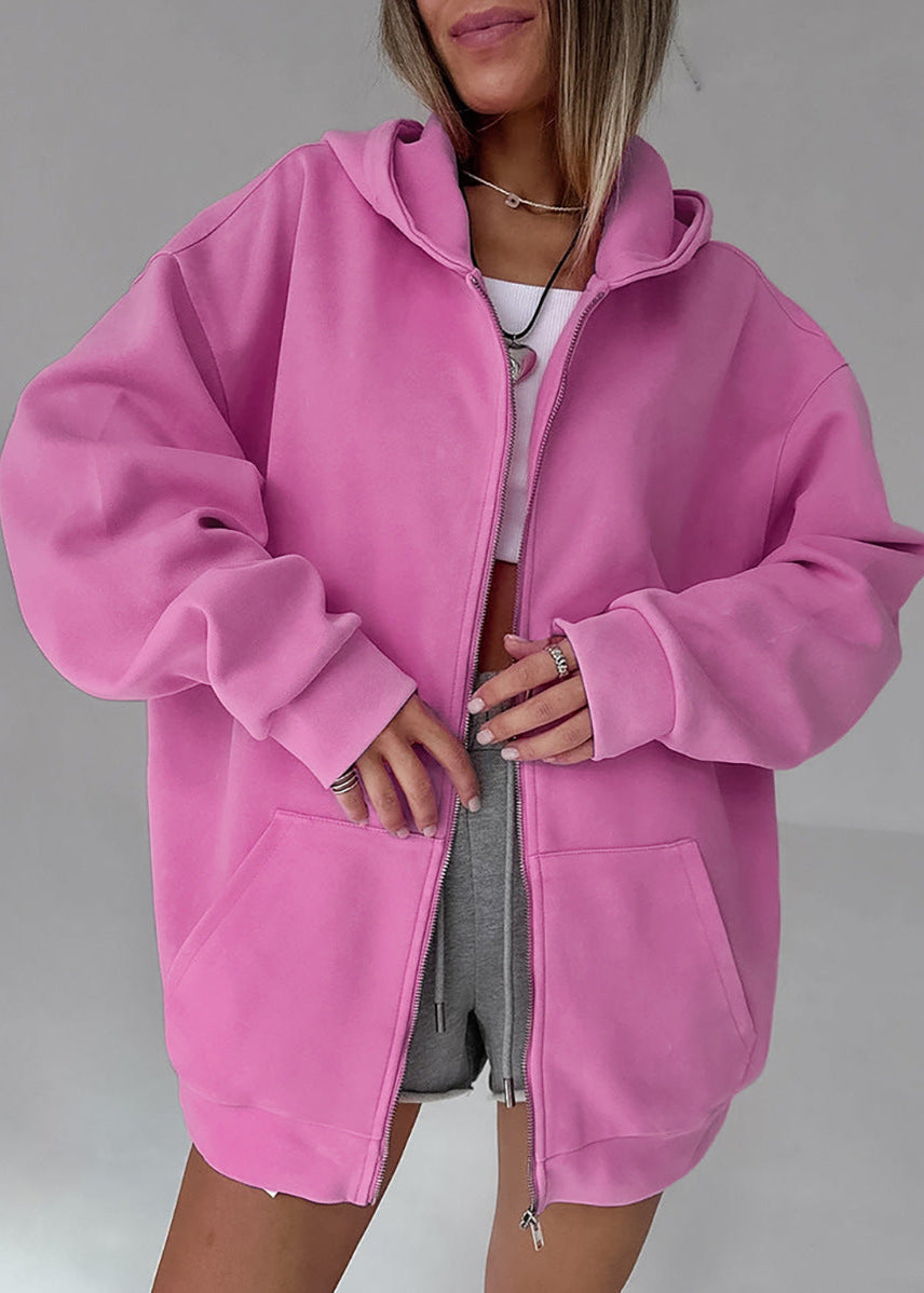 Oversized Zip Up Hoodie Soft Fabric Pink