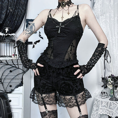 Gothic Style Detachable Chain Strap Top<br>Sleek Black Tank Top