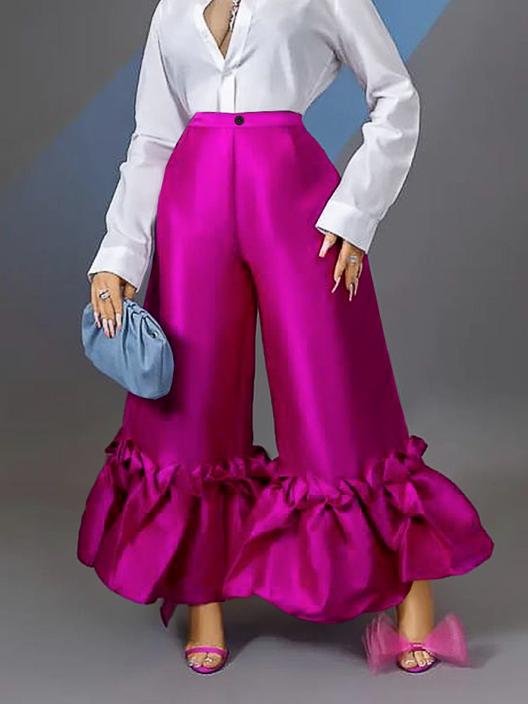 Women'S High Waist Loose Design Ruffle Wide Leg Pants Long Pants