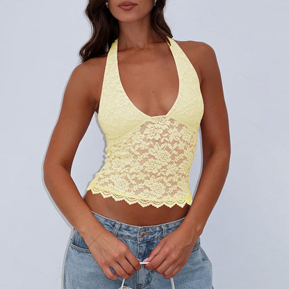 Sleeveless Lace Crop Top with Geometric Pattern - Casual Street Style