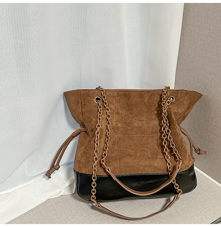 Retro Suede Tote Bag With Chain Strap Stylish Casual Shoulder Bag