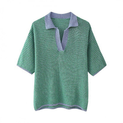 Casual Knit Collared Top and Shorts Set