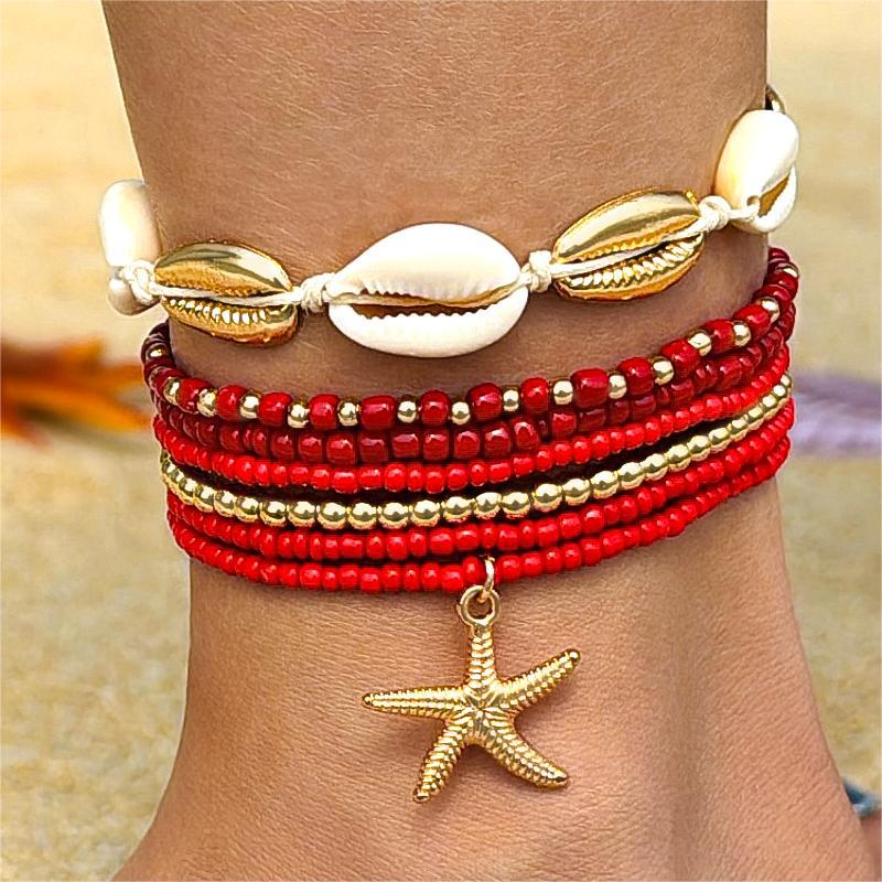 Bohemian Seashell Beaded Anklets Set With Starfish Elements