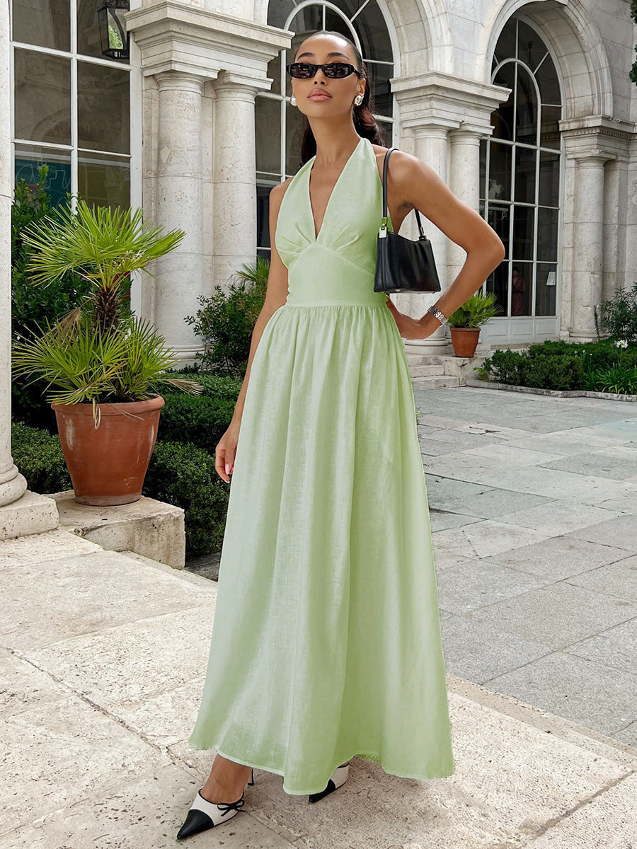 Cotton V-Neck Maxi Dress Casual Belted Style