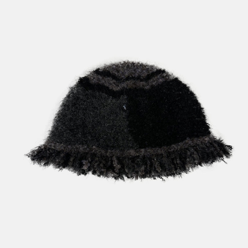 Handmade Wool Blend Color Block Fringe Knitted Beanie Hat