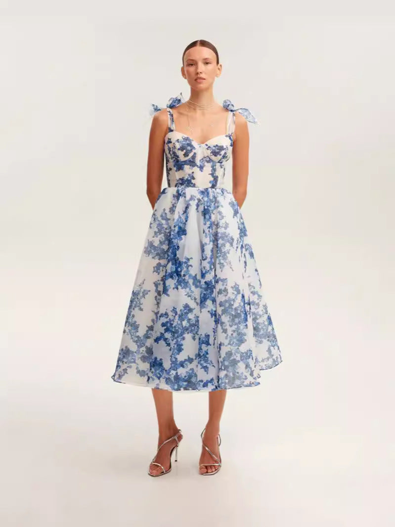 Off-Shoulder Elegant A-Line Evening Dress in Blue and Pink