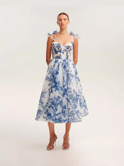 Off-Shoulder Elegant A-Line Evening Dress in Blue and Pink