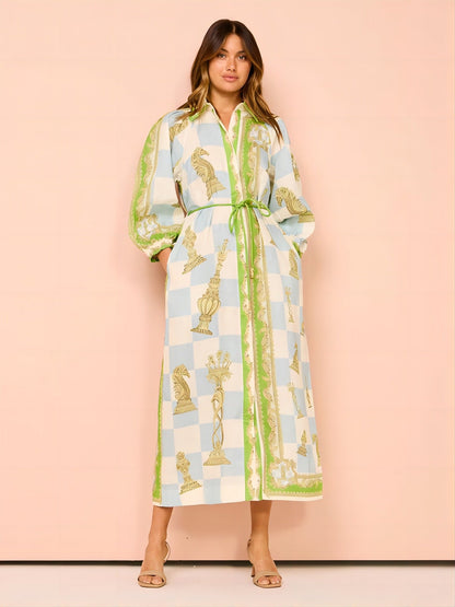 Elegant Casual Long Sleeve Printed Shirt with Belt