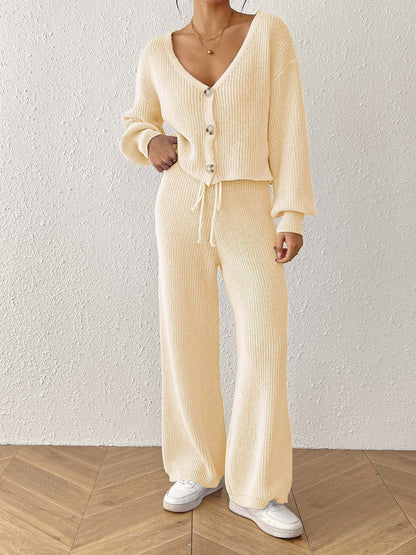 Solid Color Women'S Cardigan Set With Loose-Fit Trousers