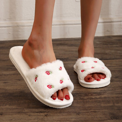 Plush Embroidery Cute Open Toe Slippers