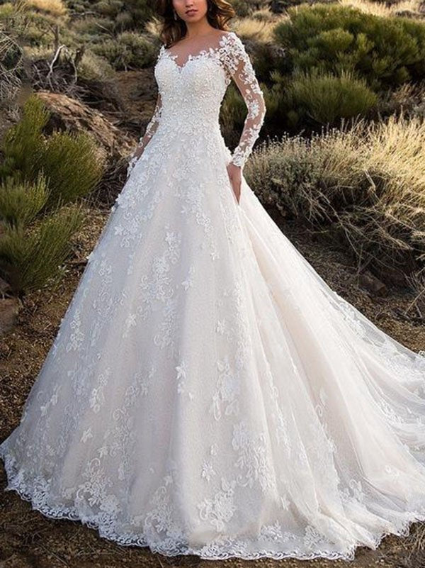 Elegant Lace Wedding Dress with Train and Sleeves