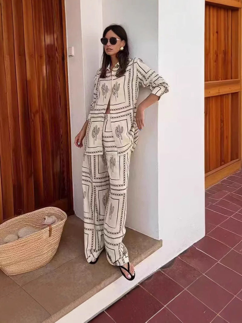 Trendy Floral Linen Cardigan Set With Pants