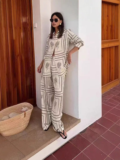 Trendy Floral Linen Cardigan Set With Pants
