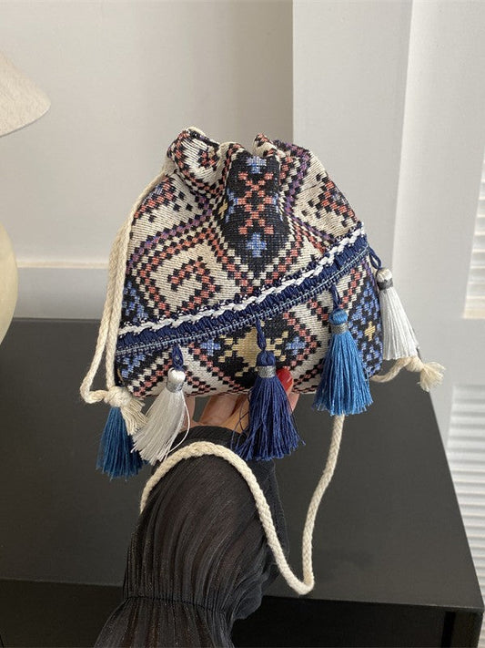 Trendy Bohemian Bucket Bag with Fringe - Canvas Shoulder Bag