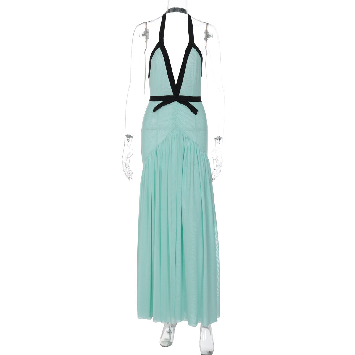 Sexy Deep V Neck Halter Lace-Up Backless Mesh Color Block Maxi Dress