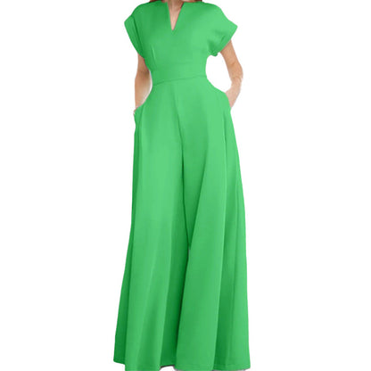 Elegant Solid Color High-Waisted V-Neck Wide-Leg Jumpsuit
