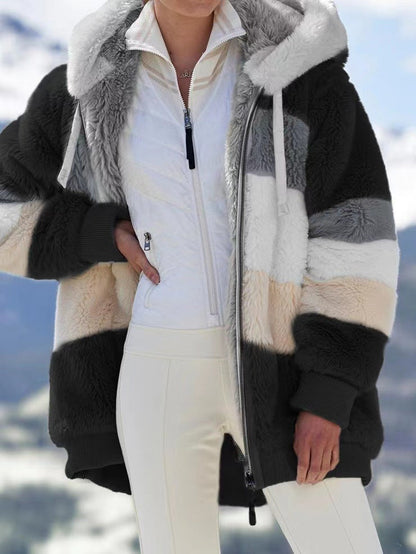 Autumn And Winter Warm Plush Patchwork Zipper Pocket Hooded Loose Coat Women