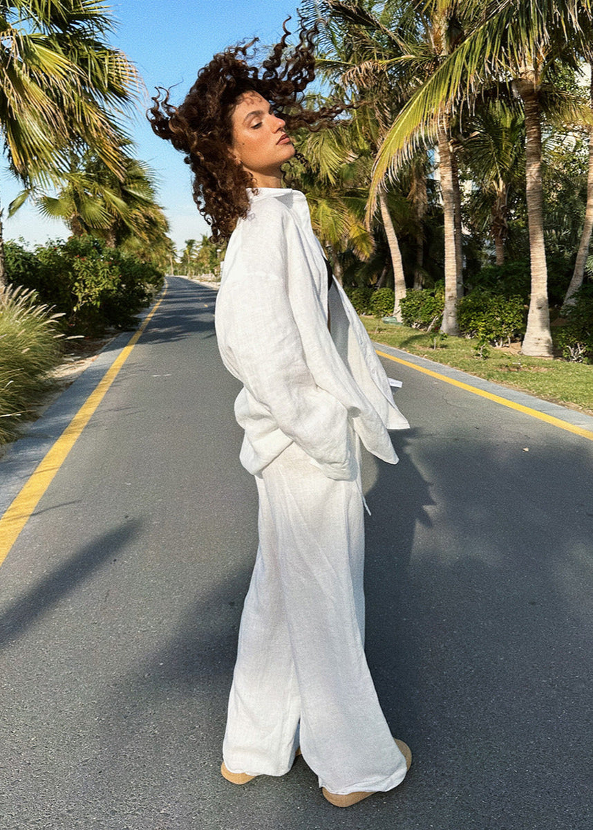 Lounge Shirt And Wide Leg Pants Set Brown White