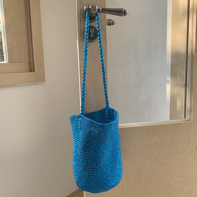 Trendy Metallic Bucket Bag Woven Shoulder Bag for Daily Use