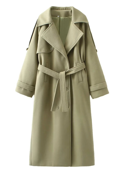 Oversized Wool Blend Coat With Waist Tie