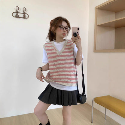 Sweet Embroidered Wool V-Neck Striped Vest
