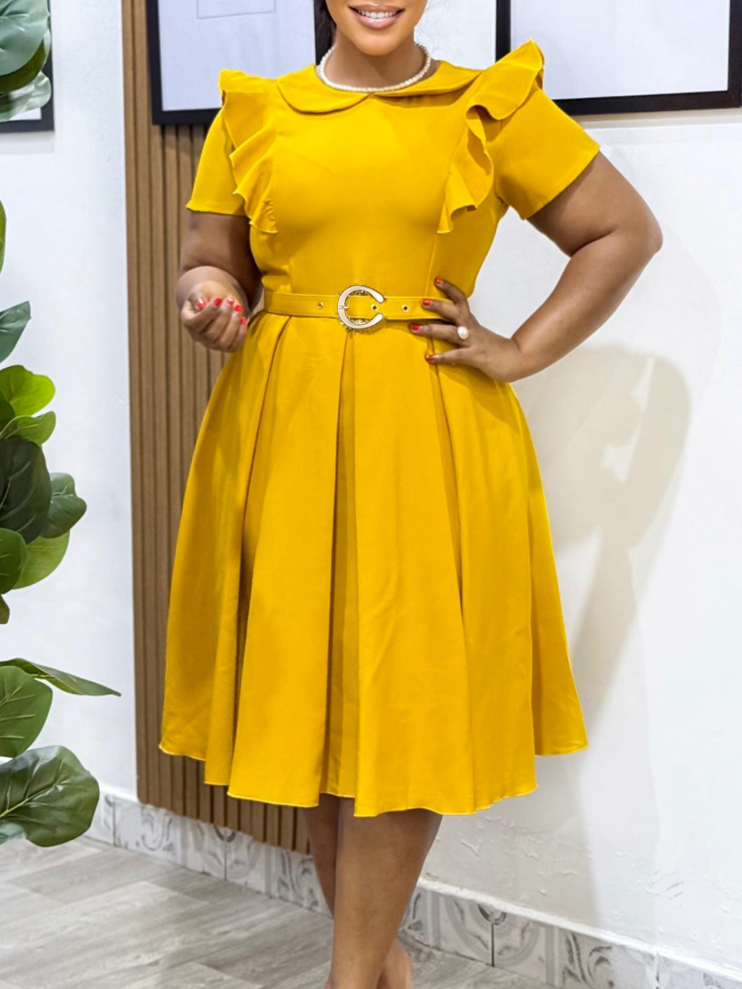 Elegant High Waist Ruffle Hem A-Line Dress With Peter Pan Collar