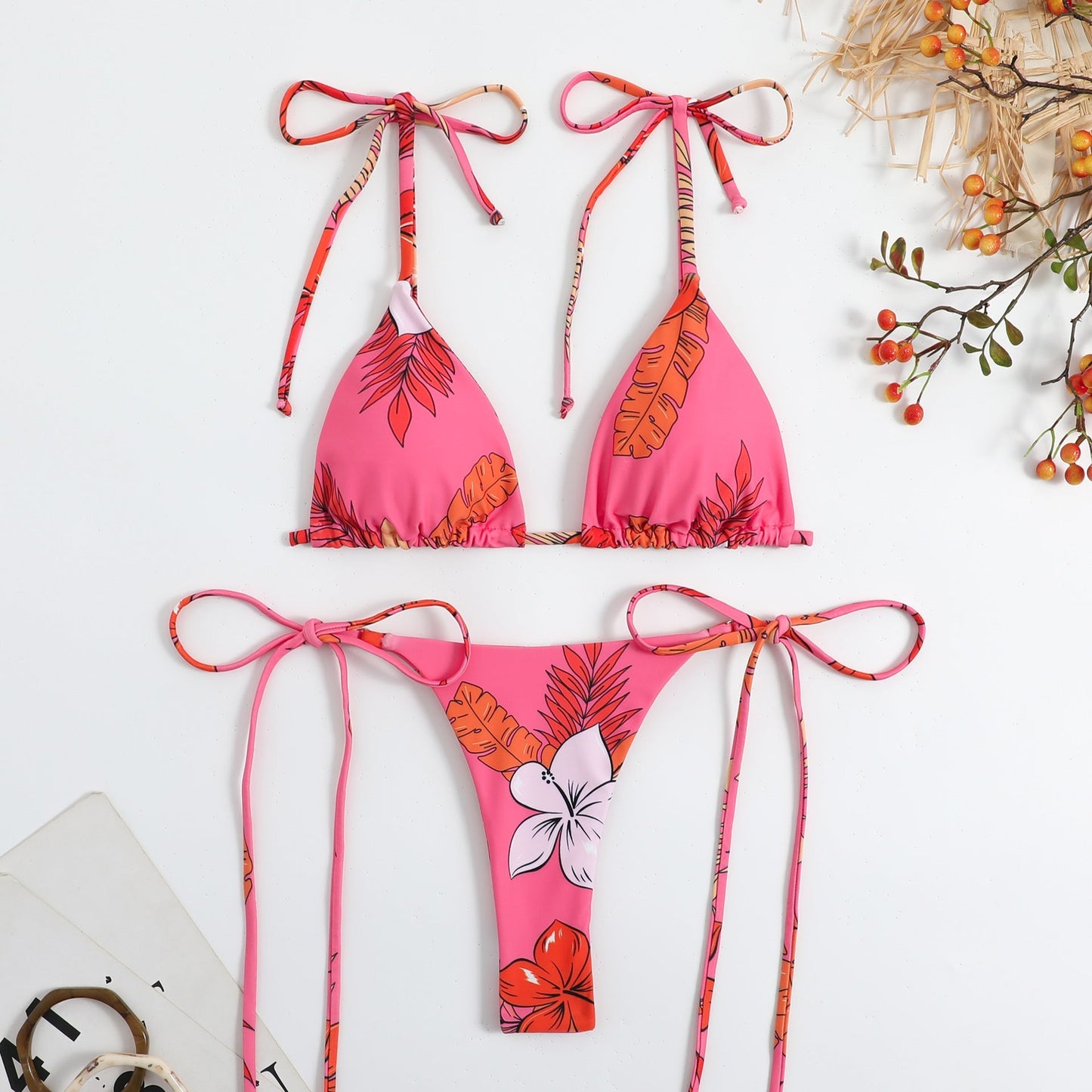 Print String Tie Backless Spaghetti Swimwear