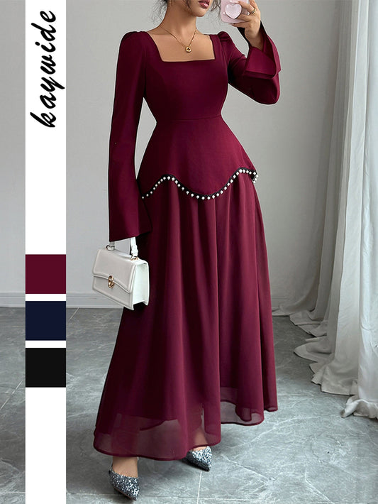 Elegant Long Sleeve Maxi Dress with Square Neckline