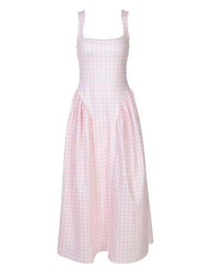 Stylish French Checkered Print Midi Dress with Backless Design
