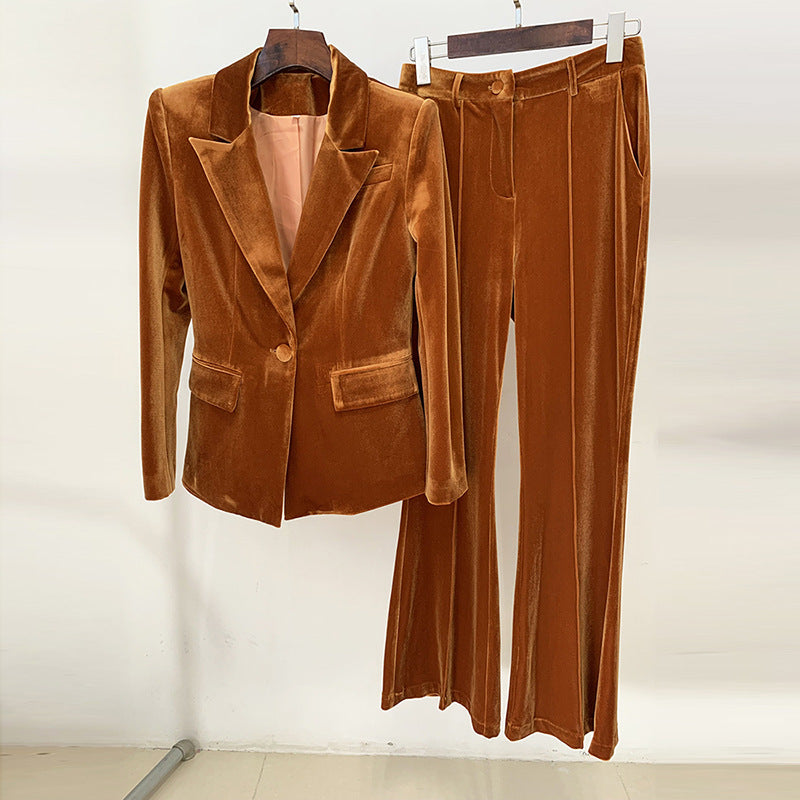 Elegant Velvet Blazer And Flare Pants Set