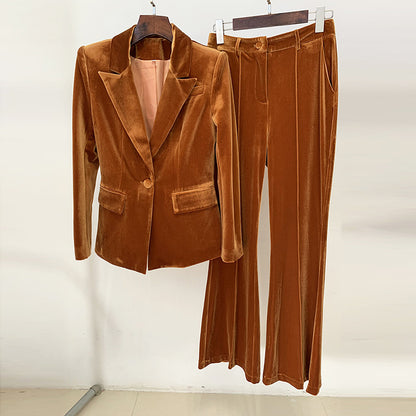 Elegant Velvet Blazer And Flare Pants Set