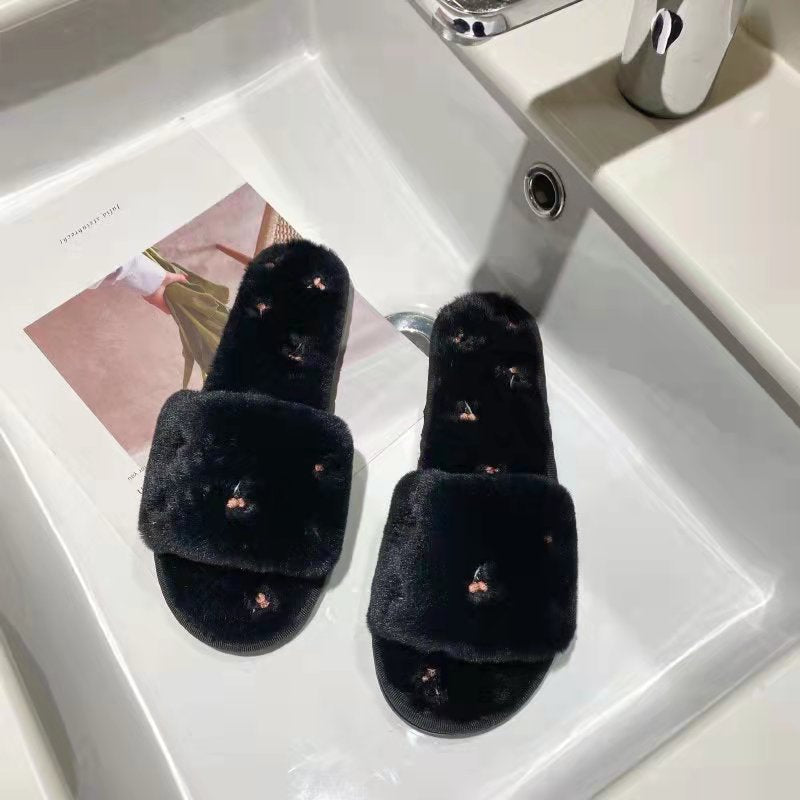 Cherry Embroidery Open Toe Plush Slippers
