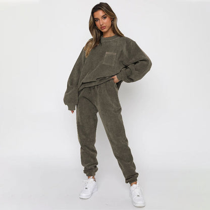 Solid Color Corduroy Casual Pullover Set
