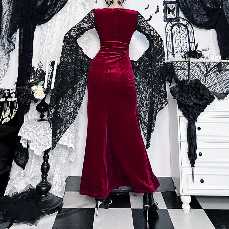 Lace Long Sleeve Slit Dress Gothic Style Party Dress