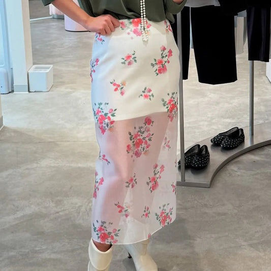 Digital Print Sheer High Waist Split Midi Skirt