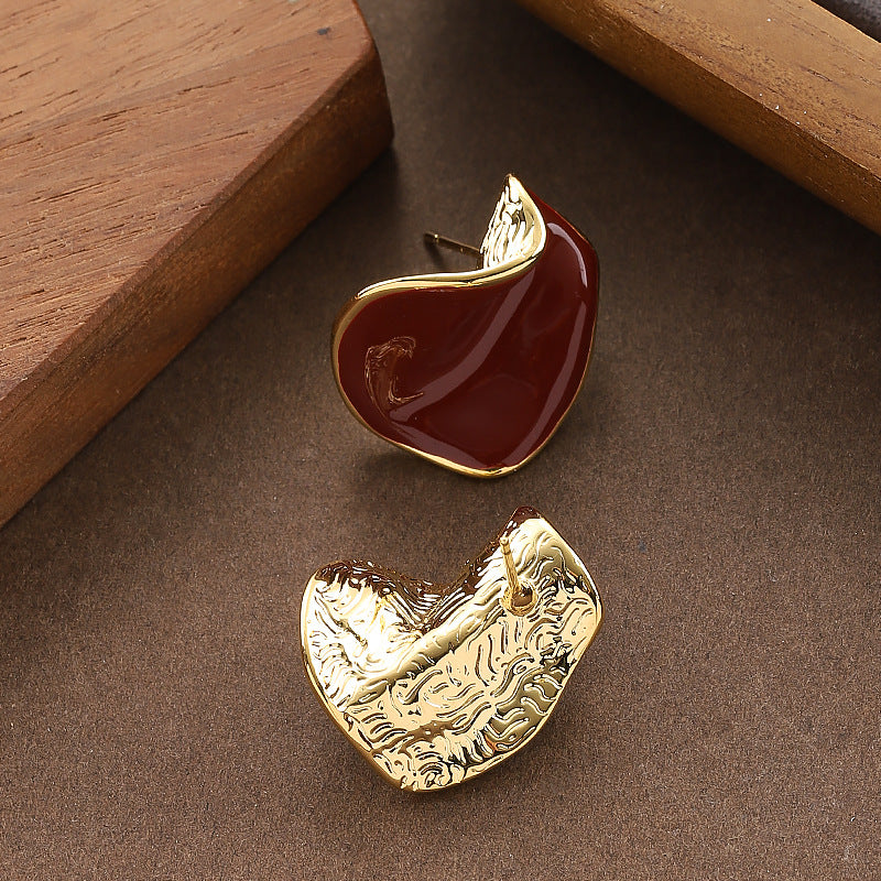 Burgundy Geometric Drip Glaze Ear Studs Vintage Style Earrings