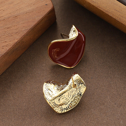 Burgundy Geometric Drip Glaze Ear Studs Vintage Style Earrings