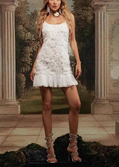 Floral Appliqué Ruffle Mini Dress White