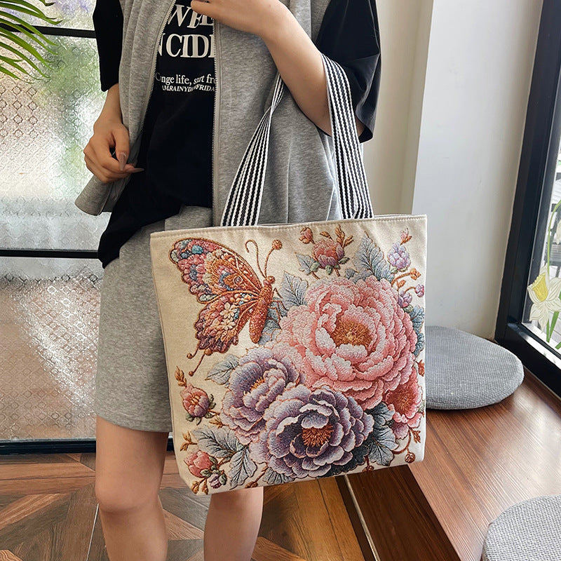 Embroidered Canvas Tote Bag with Floral Patterns