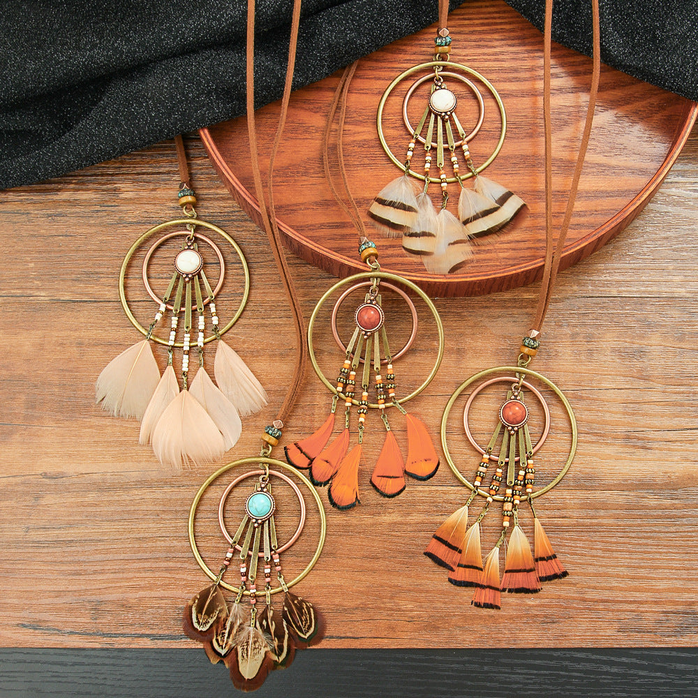 Ethnic Style Feather Pendant Necklace Handmade Zinc Alloy Jewelry