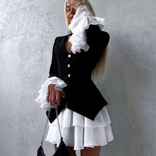 Black And White Color Block Short A-Line Dress With Flared Sleeves