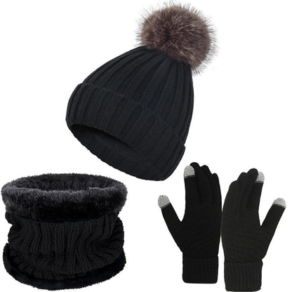 Warm Knitted Winter Scarf, Hat, and Gloves Set