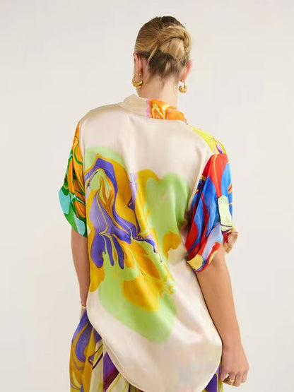 Fashionable Floral Satin Lounge Set For Business Casual