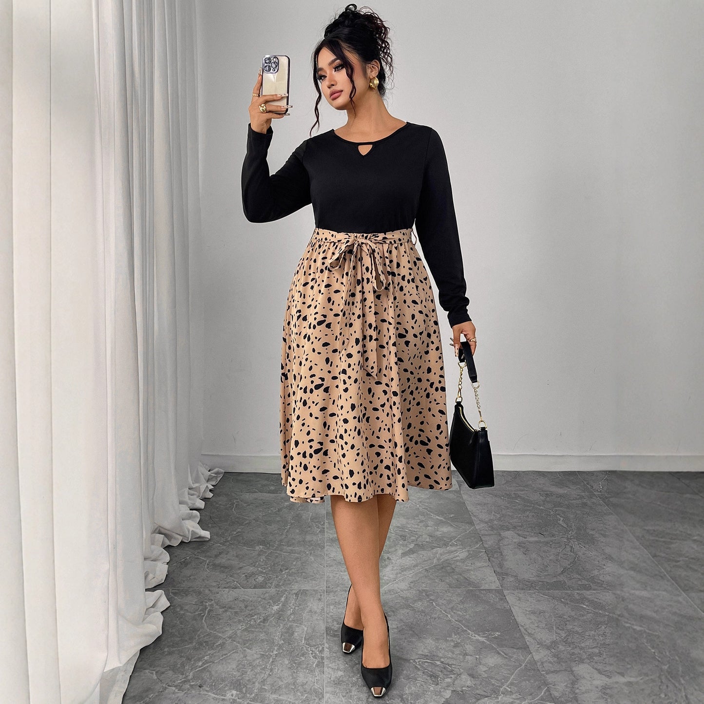 Plus Size Leopard Print Long Sleeve Dress with Belt