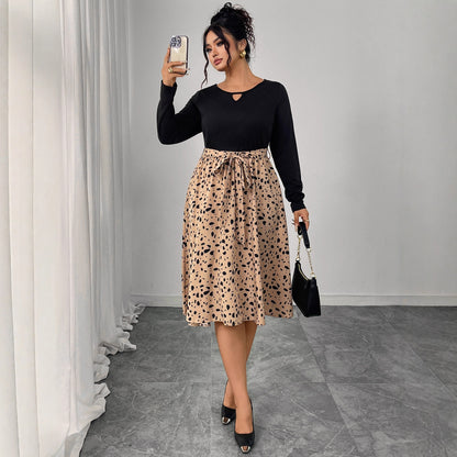 Plus Size Leopard Print Long Sleeve Dress with Belt